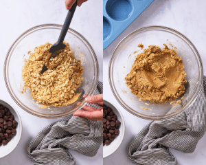Side-by-side image of adding in the rice krispies into the peanut butter mixture.