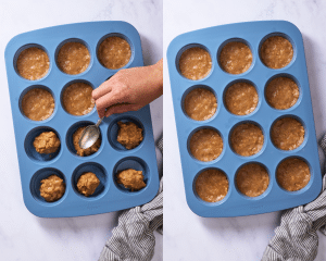 Side-by-side of adding the peanut butter mixture into the 12 silicone molds.