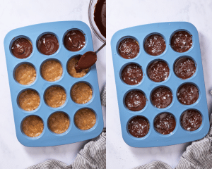 Side-by-side image of adding melted chocolate and flaky salt on top of peanut butter mixture.