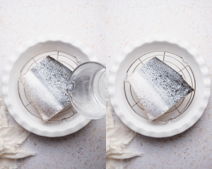Side-by-side of pouring boiling water over salmon and letting it sit for 1-2 minutes.
