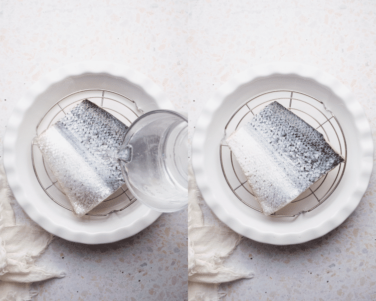 Side-by-side of pouring boiling water over salmon and letting it sit for 1-2 minutes.