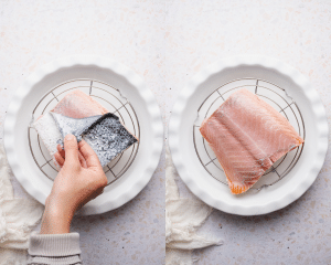 Side-by-side of peeling skin off salmon.