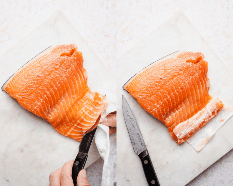 Side-by-side of using a paper towel to gently tug skin while sliding knife between skin and flesh of salmon.