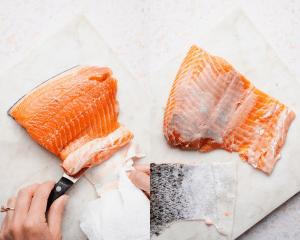 Side-by-side of using knife to pull skin off salmon.