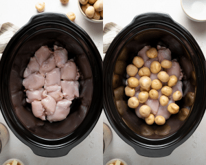 Side-by-side of chicken and potatoes placed in the bottom of the crockpot.