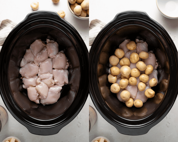 Side-by-side of chicken and potatoes placed in the bottom of the crockpot.