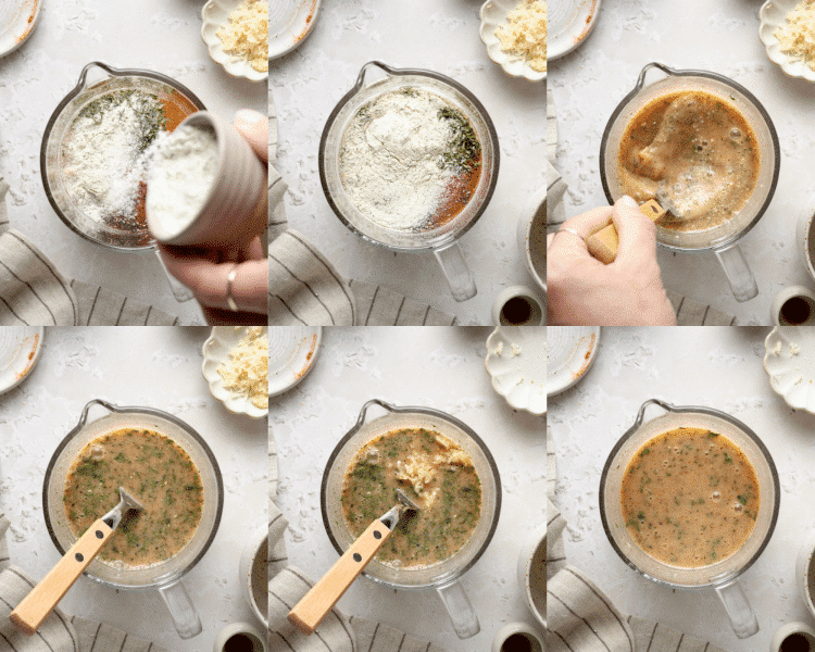 Six images side-by-side showing how to make the garlic ranch sauce.