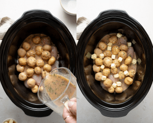 Side-by-side image of pouring the sauce over the chicken and potatoes in the crockpot then adding the cubed butter.