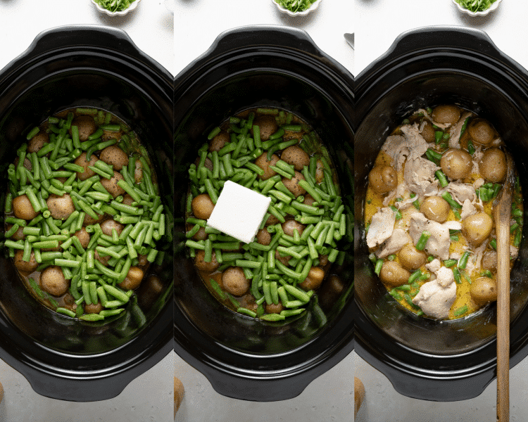 Three images side-by-side of adding the green beans and cream cheese then stirring until combined.