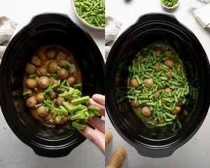 Side-by-side image of adding the green beans to the slow cooker for the last 45 minutes of cooking.