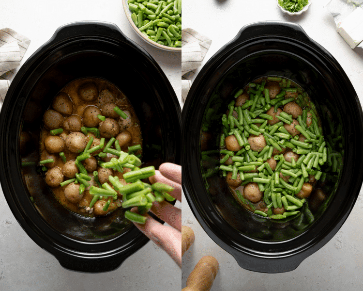 Side-by-side image of adding the green beans to the slow cooker for the last 45 minutes of cooking.