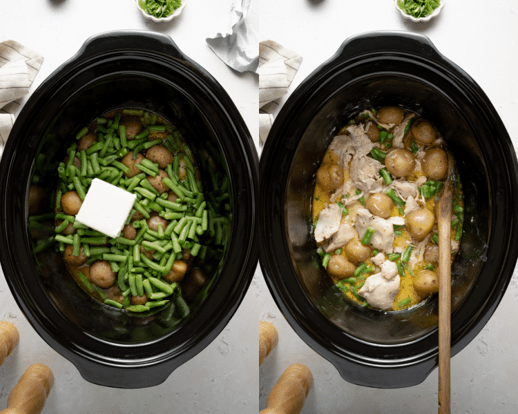 Side-by-side of adding the softened cream cheese and stirring until it is melted.