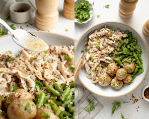 Side-by-side of spooning extra sauce over the chicken then serving in a bowl with green beans, potatoes and garnishes.