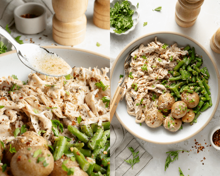 Side-by-side of spooning extra sauce over the chicken then serving in a bowl with green beans, potatoes and garnishes.