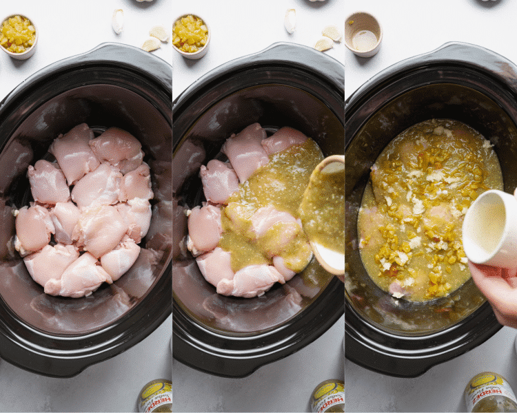 Three images side-by-side of adding ingredients to crockpot.