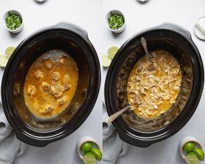 Side-by-side image of shredding chicken in crockpot once it cooks.