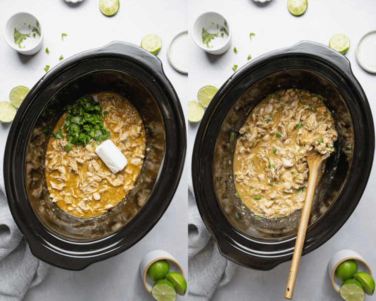Side-by-side image of adding cream cheese and fresh cilantro to crockpot and stirring until combined.