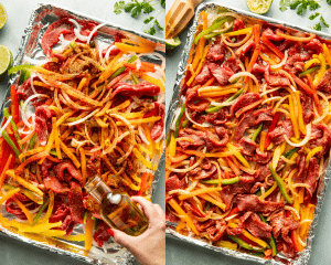 Side-by-side of sprinkling the steak, peppers and onions with oil and fajita seasoning then tossing to coat on sheet pan.