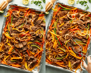 Side-by-side of baking the sheet pan fajitas for 10-12 minutes and tossing halfway through cooking.