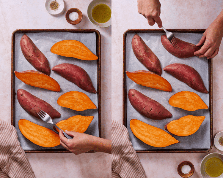 Side-by-side of poking holes in both sides of the sweet potatoes.