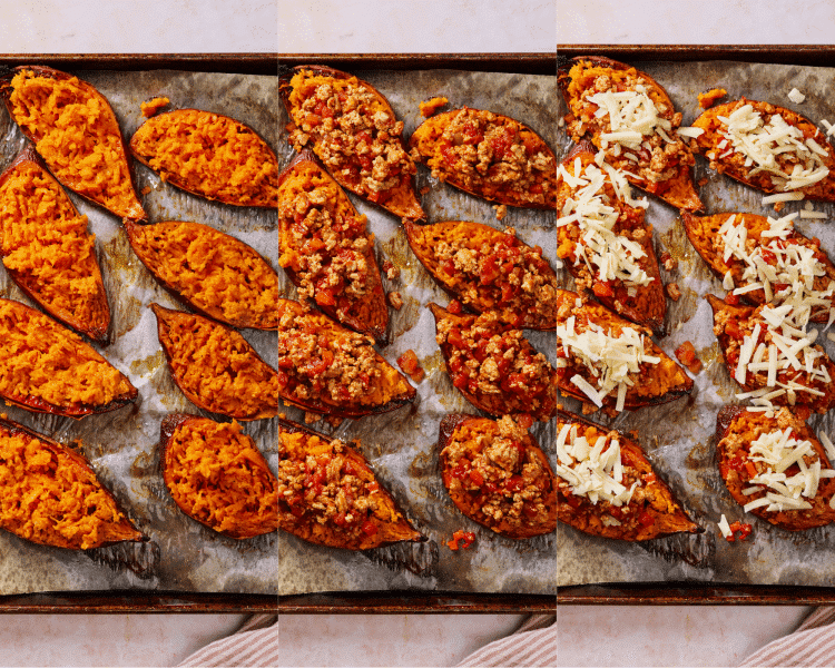 Three images side-by-side showing how to assemble stuffed sweet potatoes.