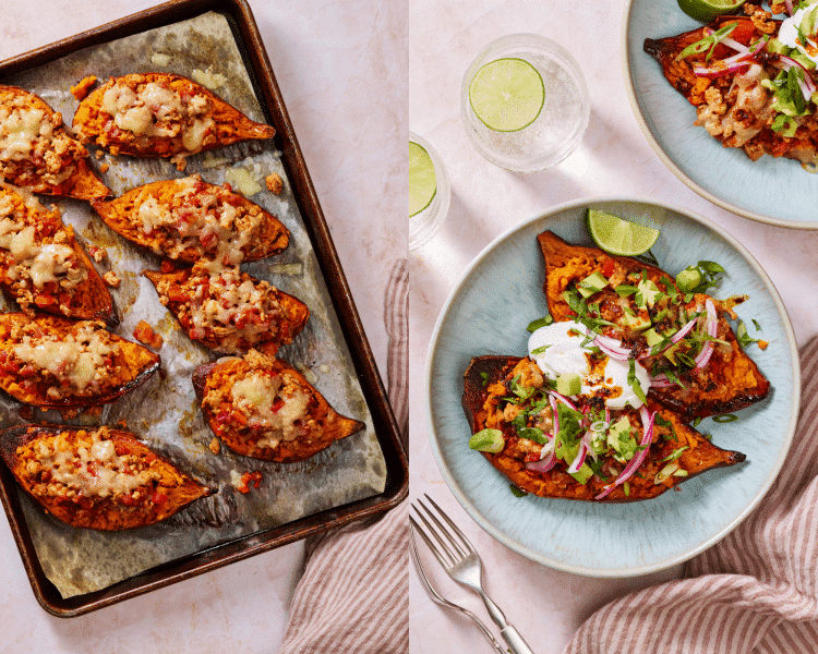 Side-by-side of the stuffed sweet potatoes finished on a tray then served on a plate with toppings.