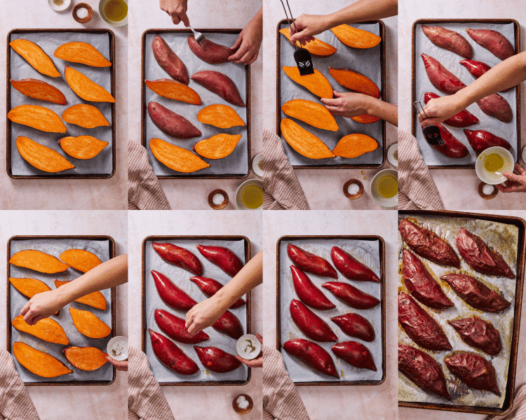 Eight images side-by-side showing how to prepare and roast the sweet potatoes.