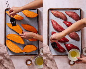 Side-by-side of brushing both sides of the sweet potatoes with olive oil.