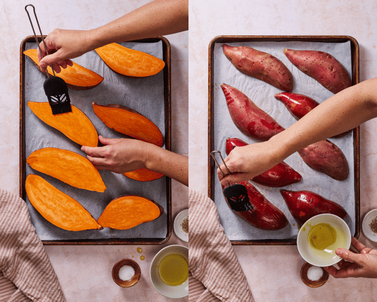 Side-by-side of brushing both sides of the sweet potatoes with olive oil.