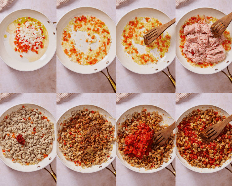 Eight image showing how to make the ground turkey filling.