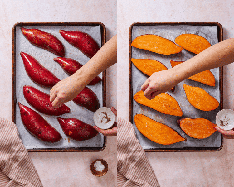 Side-by-side of sprinkling sweet potatoes with salt and pepper.