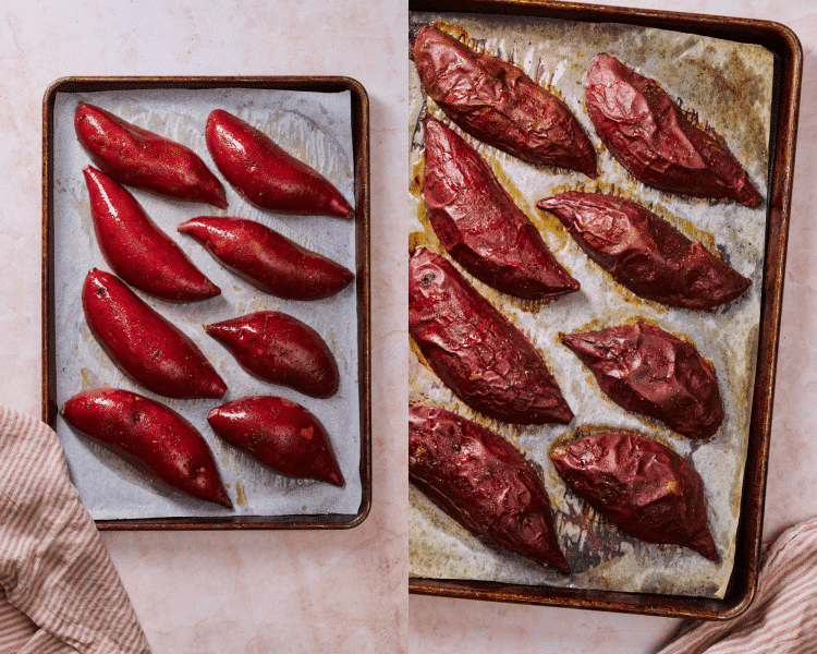 Side-by-side of roasting prepared sweet potatoes on a parchment-lined baking tray for 30-35 minutes.