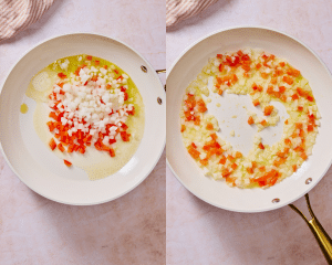 Side-by-side image of adding onions and bell peppers to skillet with oil and butter and cooking until soft.