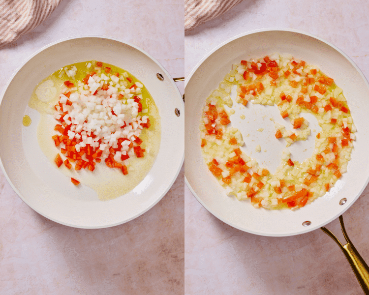 Side-by-side image of adding onions and bell peppers to skillet with oil and butter and cooking until soft.