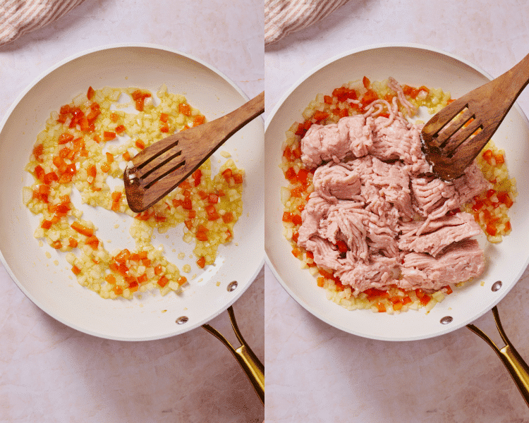 Side-by-side of cooking garlic and adding ground turkey to cooked onions and peppers.
