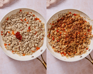 Side-by-side of adding tomato paste and seasonings to ground turkey mixture.