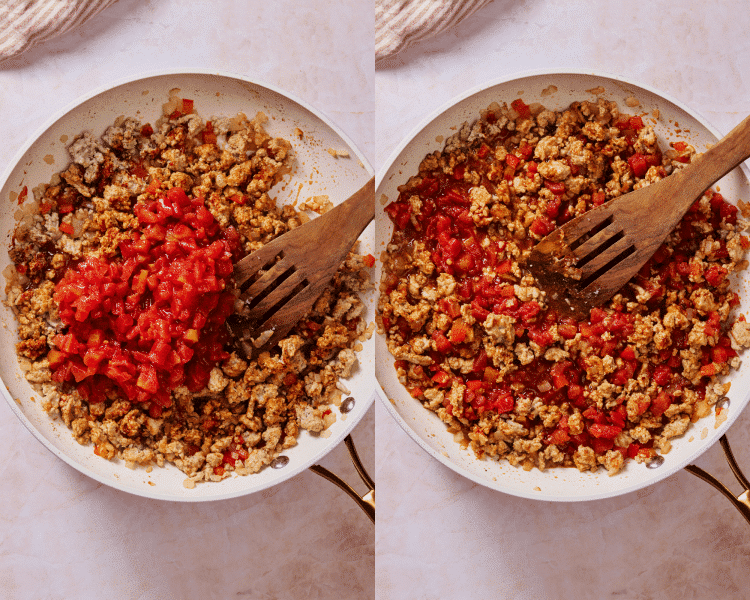 Side-by-side image of adding diced tomatoes to ground turkey mixture.
