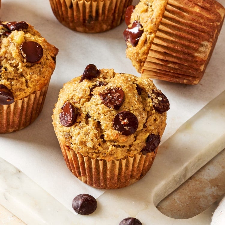 Upclose of baked almond flour chocolate chip muffin.