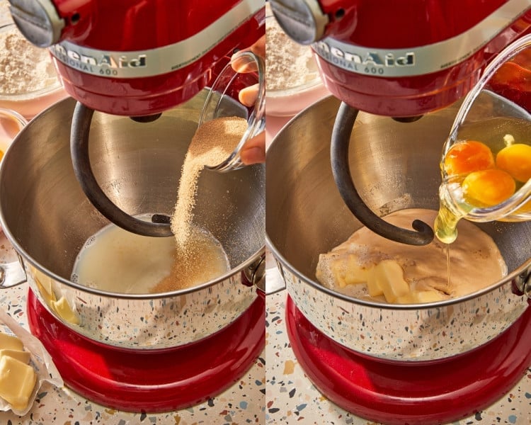 Warm milk and yeast being combined, followed by eggs and softened butter, to begin making cinnamon roll bite dough.