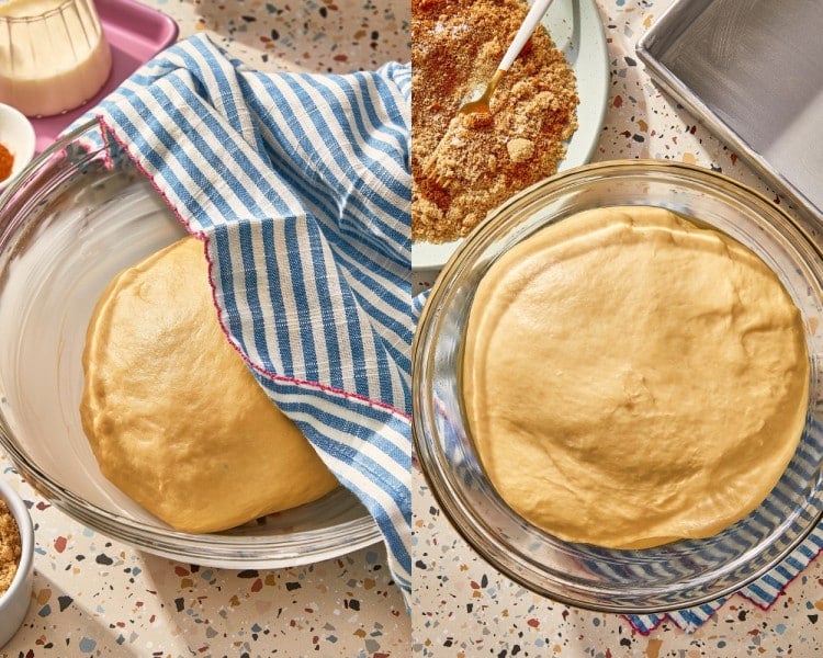 Cinnamon roll dough before and after the first rise, showing the dough doubled in size.