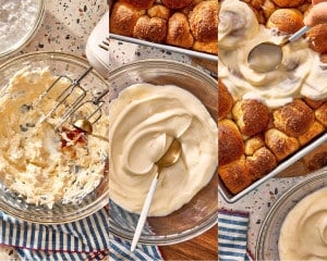 Cream cheese frosting being mixed until smooth, then spread generously over warm, freshly baked cinnamon roll bites.