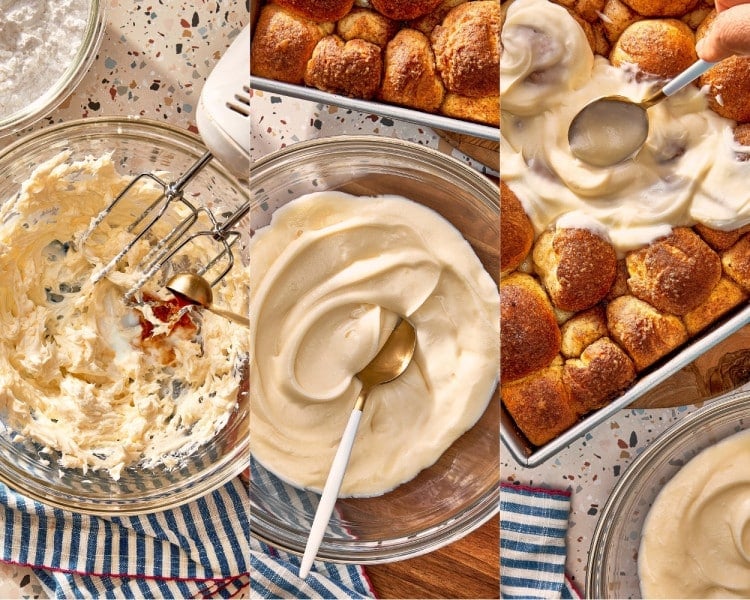 Cream cheese frosting being mixed until smooth, then spread generously over warm, freshly baked cinnamon roll bites.