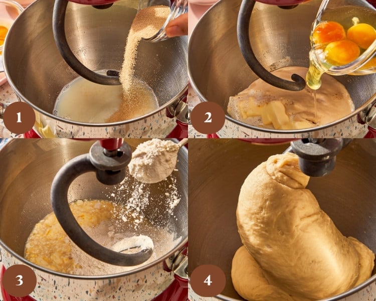 Four-step process showing yeast activated in warm milk, eggs and butter added, flour mixed in, and cinnamon roll dough kneaded until smooth.