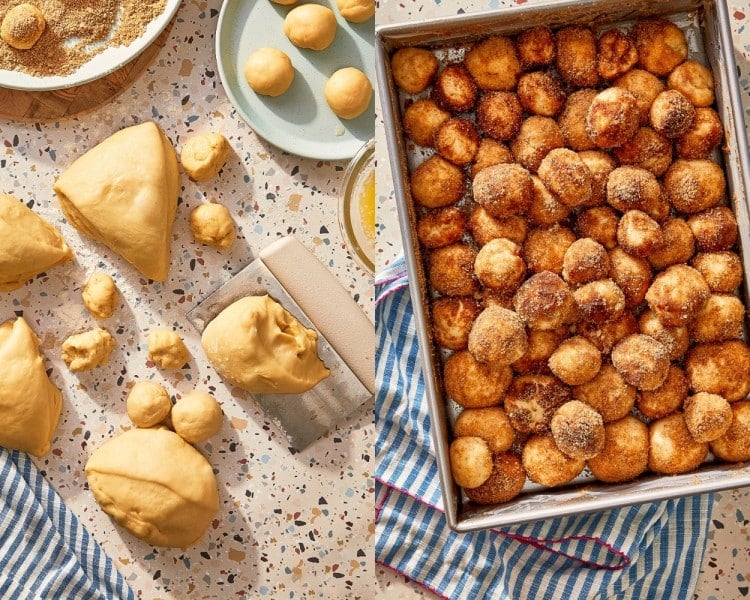 Cinnamon roll dough being divided and shaped into small balls, then coated in butter and cinnamon sugar and arranged in a baking pan.