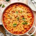Cheesy ground beef tortellini bake cooked in large skillet.