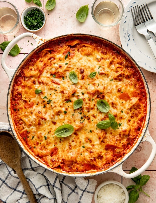 Cheesy ground beef tortellini bake cooked in large skillet.