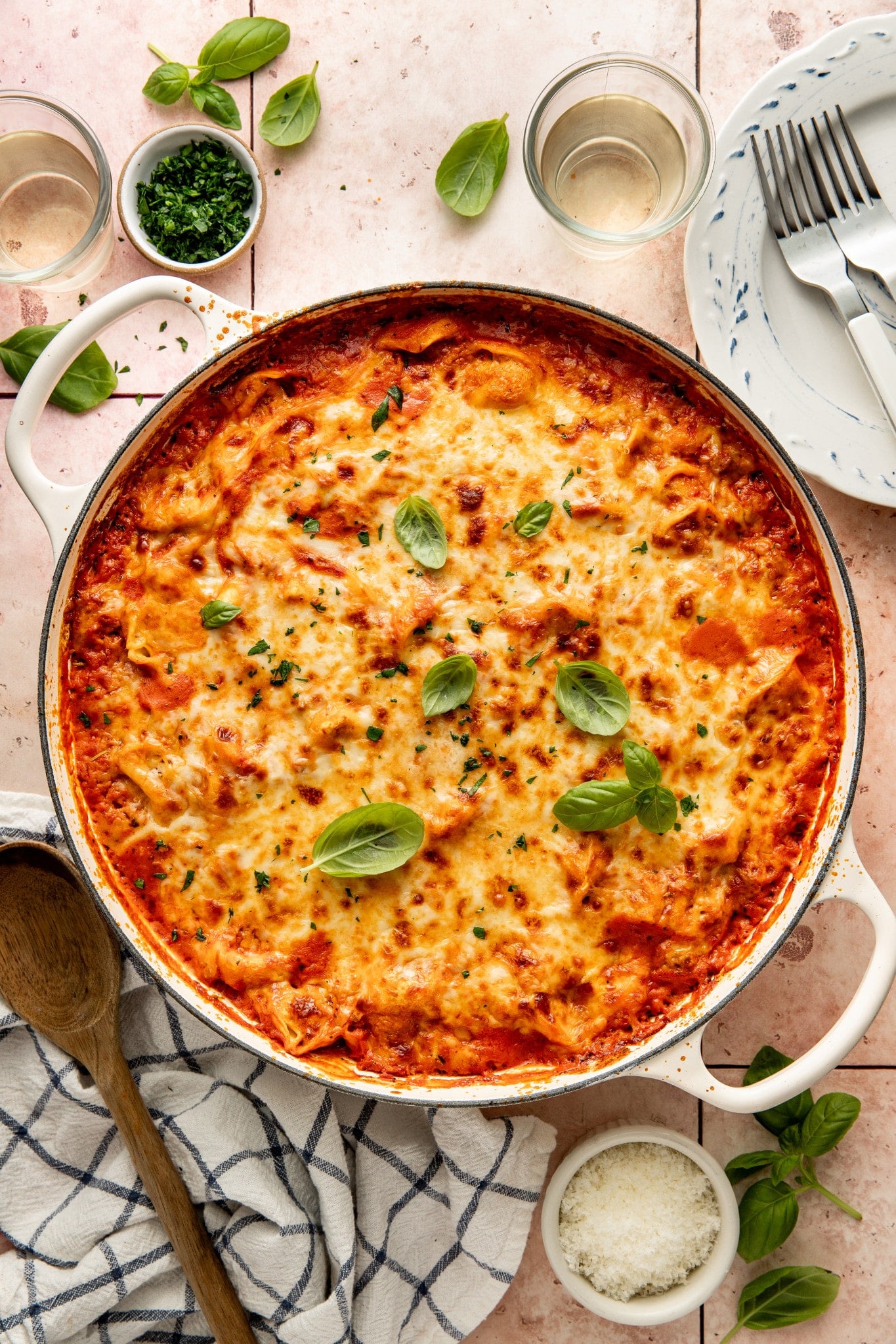 Cheesy ground beef tortellini bake cooked in large skillet.