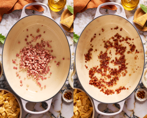 Side-by-side of adding the pancetta to the dutch oven and cooking until the fat is rendered.