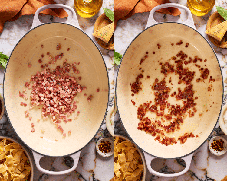 Side-by-side of adding the pancetta to the dutch oven and cooking until the fat is rendered.