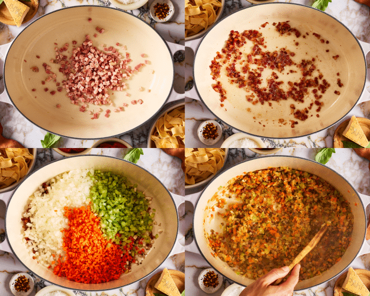 Four images showing how to cook the pancetta and veggies.